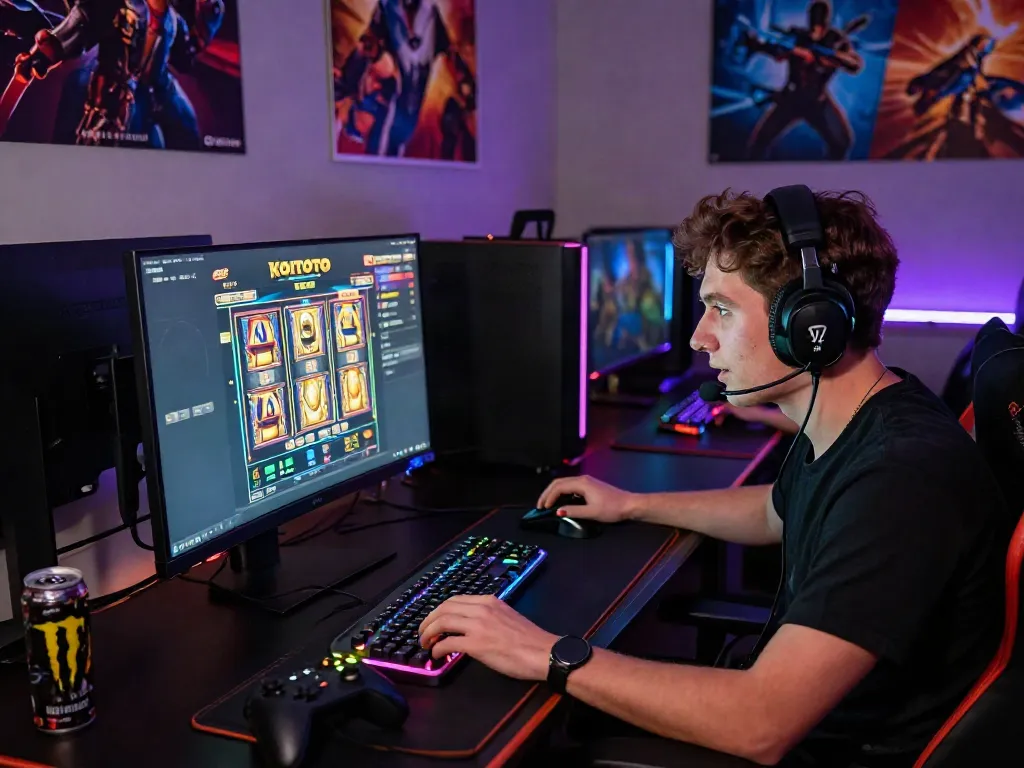 Player enjoying KOITOTO online slots in a vibrant gaming room.