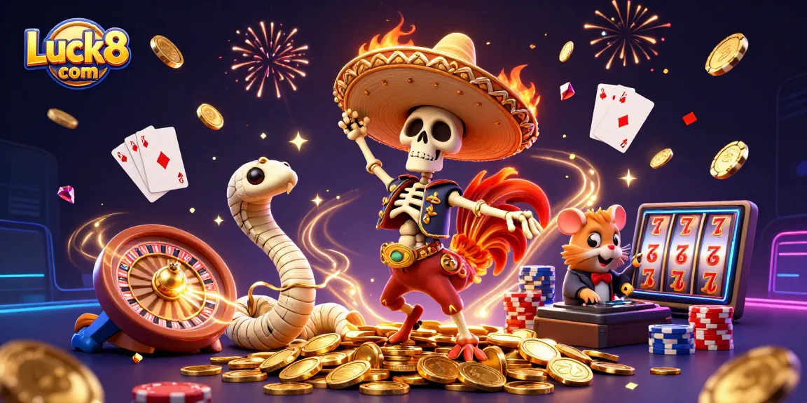 Experience the excitement of Luck8 com with a vibrant 3D casino scene full of characters and gambling elements.
