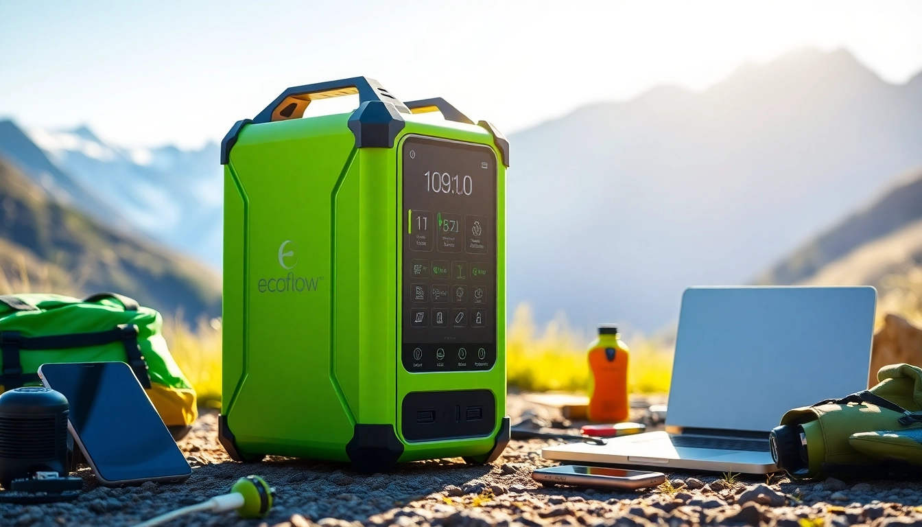EcoFlow portable power station showcased in a beautiful outdoor mountain setting, emphasizing its versatility.