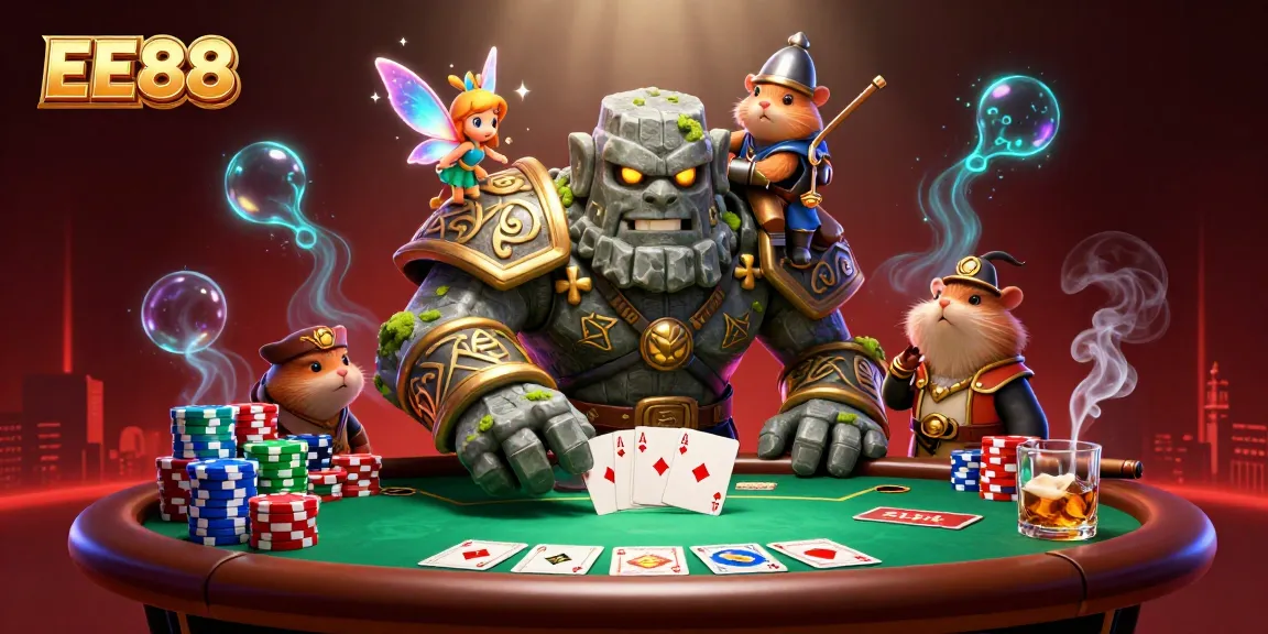 Experience the excitement of EE88 casino with vibrant poker elements and captivating mythical characters.