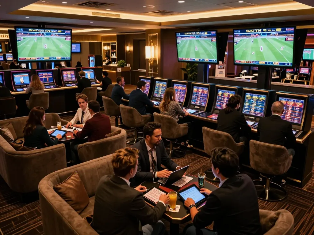 Engaged bettors analyzing odds at hitclub's upscale sports betting lounge with live game screens