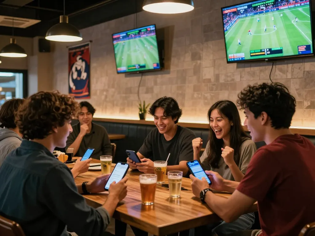 Watch excited fans engaging in real-time betting on BONGDASO at a lively sports bar.