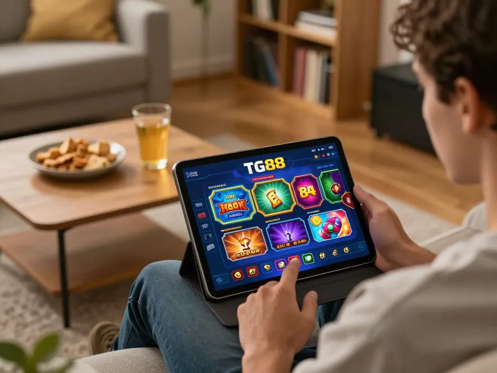 TG88 player engaging in online gaming session using tablet in cozy home environment