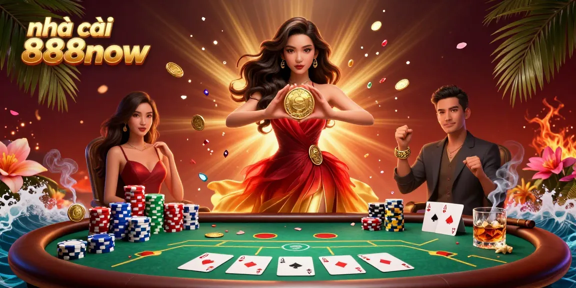 Experience the excitement with nhà cái 888now, featuring a stunning Asian woman holding a golden coin amidst vibrant casino elements.