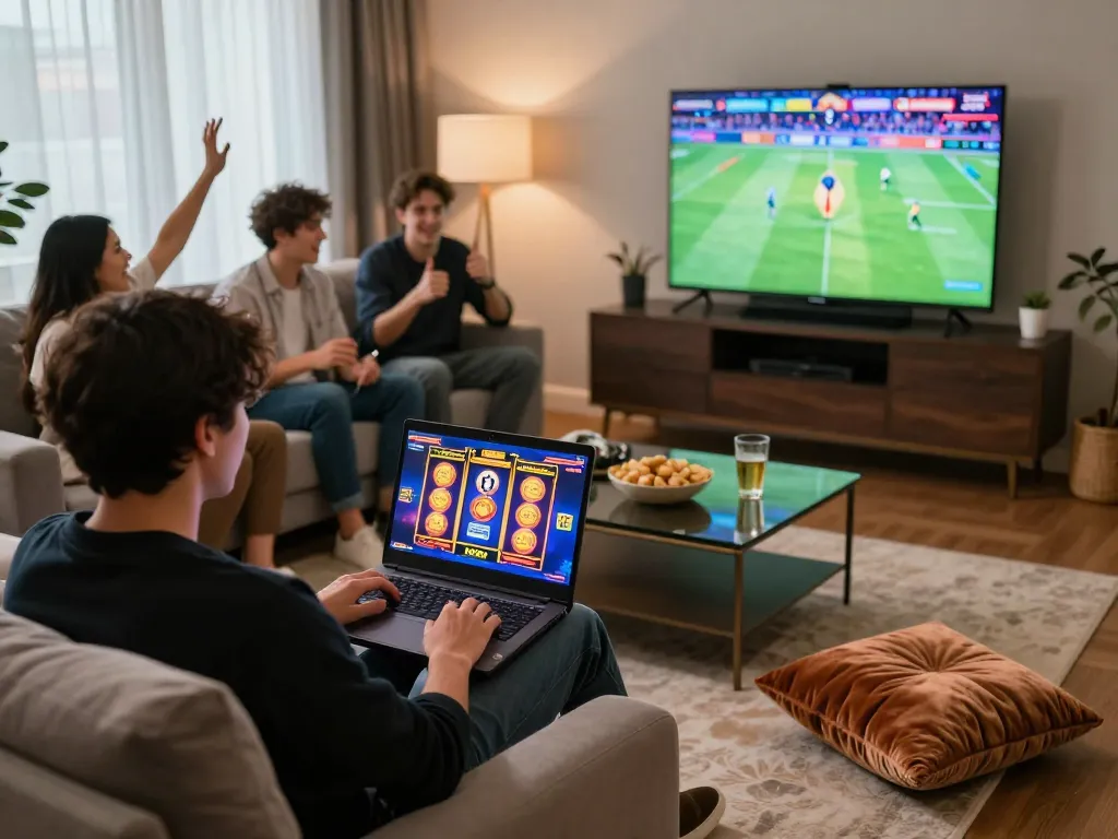Engaging gambling scene with person playing rikbet slots in cozy setting