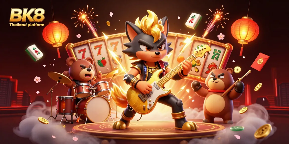 Engage with the exciting BK8 Thailand platform, featuring vibrant casino elements and dynamic characters in action.