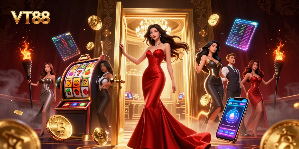 Win big with VT88 in a luxurious casino scene featuring slot machines and crypto elements.