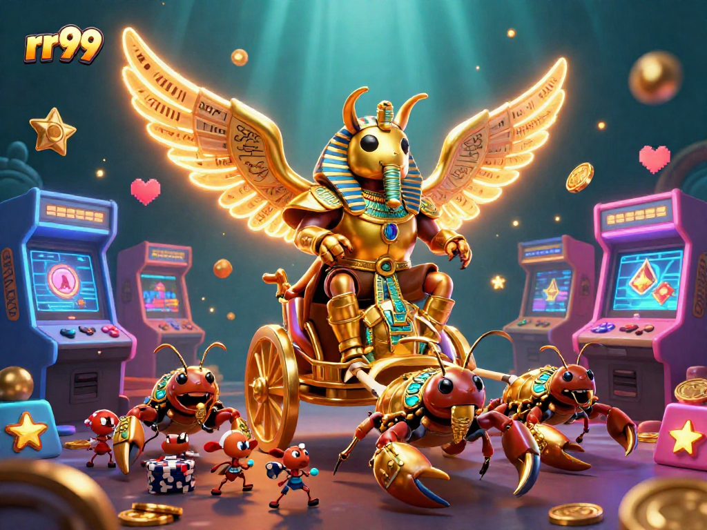 Join the thrilling action of rr99 with a colossal scarab beetle and scorpions amidst vibrant gaming elements.