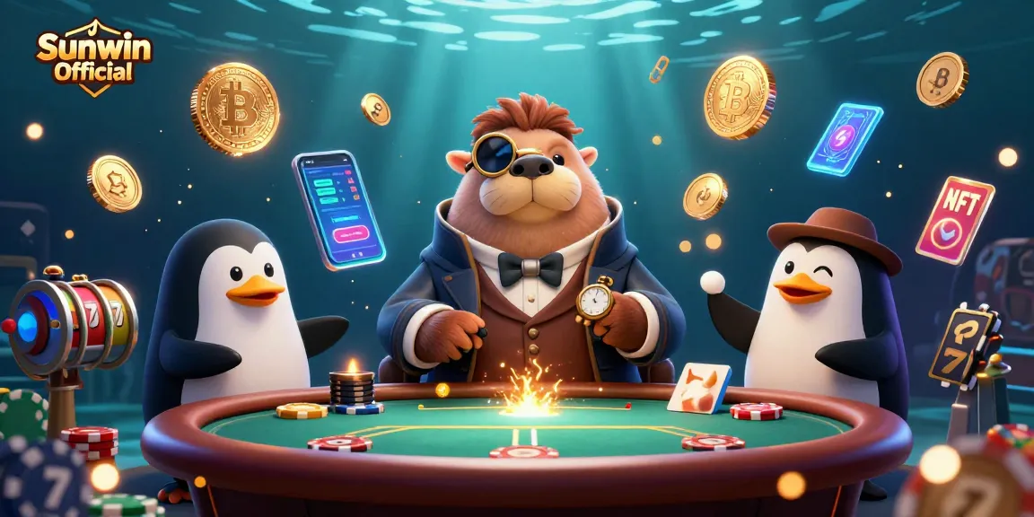 Sunwin Official showcases a lively underwater poker scene with a walrus, penguin dealer, and pufferfish, rich with casino elements.