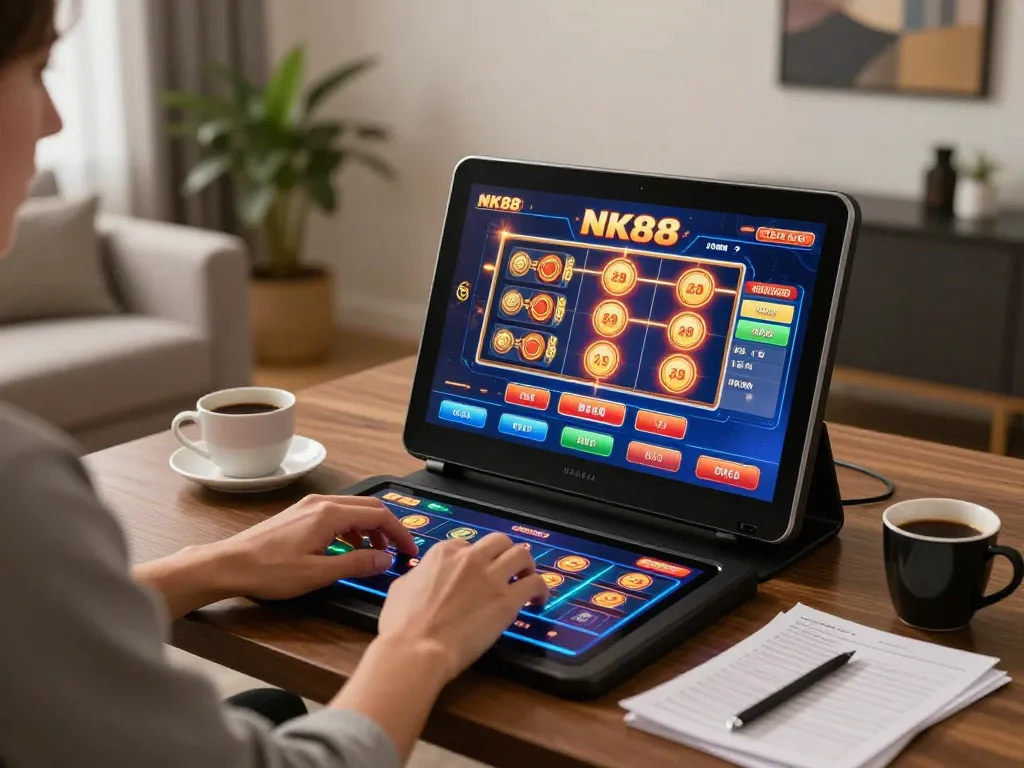 Engaging with NK88 online slot machine game on tablet, showcasing a cozy gaming setup.