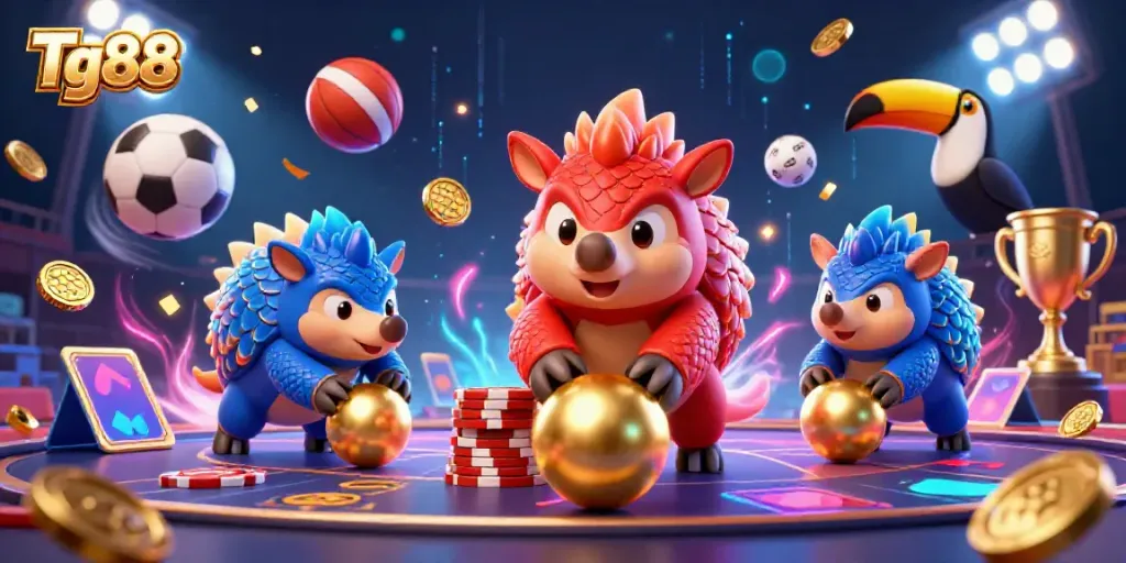 Engage with Tg88's thrilling gaming atmosphere featuring animated pangolins and casino elements.