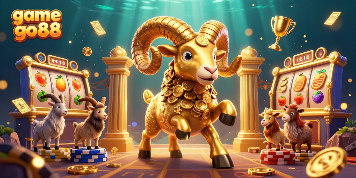 Engage with the thrilling game go88 experience featuring a golden ram charging past slot reels and golden trophies.