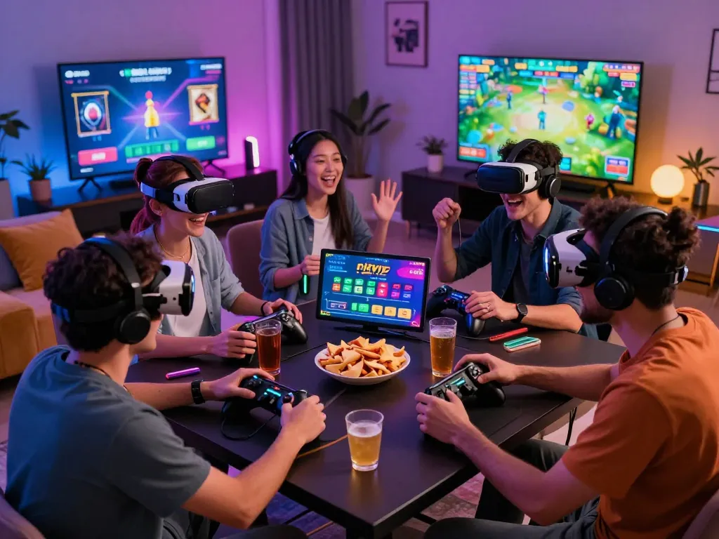 Excited friends enjoying rikvip online gaming experience with interactive displays.