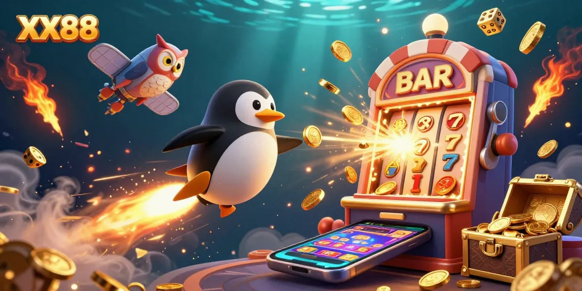 Experience thrill at XX88 with a golden penguin soaring toward a casino space station surrounded by jackpots.