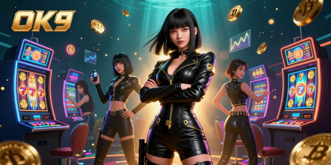 Engage in thrilling gameplay at OK9 Casino with stunning visuals of slot machines and Bitcoin coins.