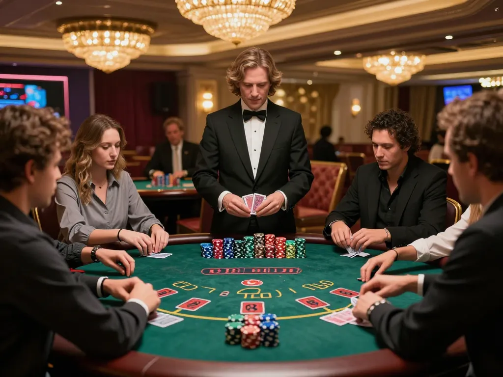 Players at 79win blackjack table strategizing bets amid vibrant casino ambiance