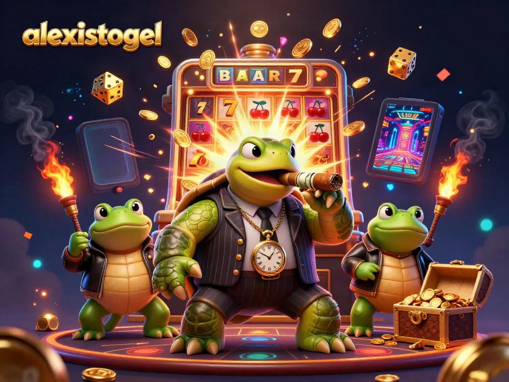 Engage with winnings at alexistogel, where a massive turtle and bullfrog enforcers celebrate with slot machines and casino elements.
