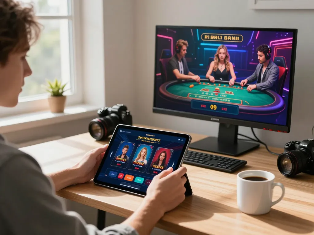 Player enjoying sc88 online casino app on tablet in modern home workspace.