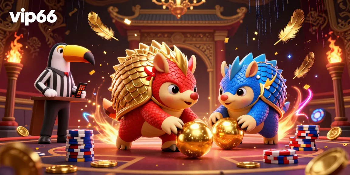 Compete in a vibrant vip66 casino scene featuring rival pangolins with dynamic poker elements.