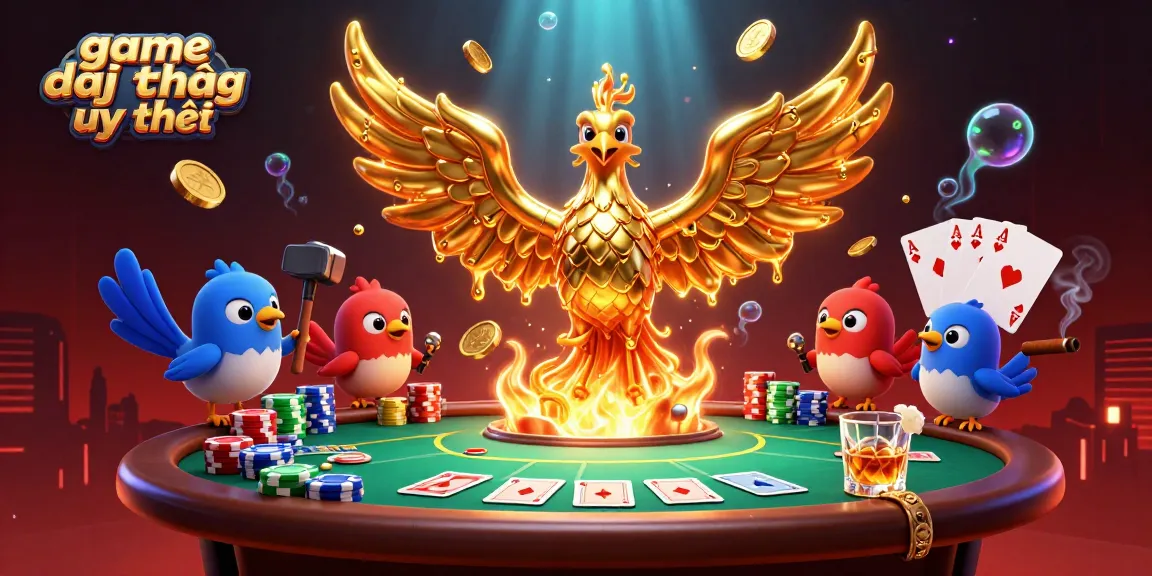 Experience the thrill of game đổi thưởng uy tín with a stunning phoenix and poker elements illuminating the scene.