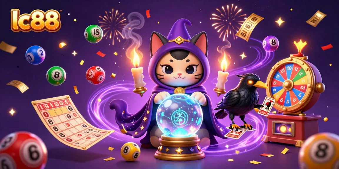 Engage with lc88's mystical charm through a vibrant casino-themed 3D illustration featuring fortune teller cat, raven, and lottery elements.