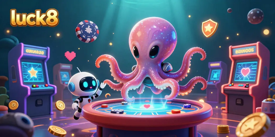 Engage in vibrant gaming action with luck8, where a colorful octopus operates a holographic poker table.