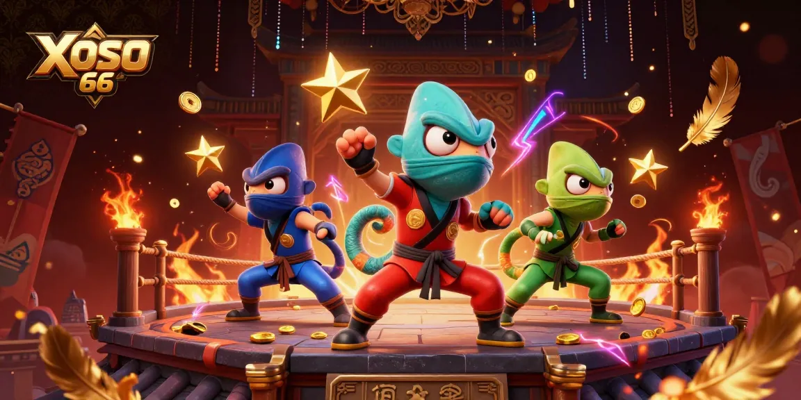 XOSO 66 showcases a dynamic 3D scene of chameleons performing martial arts amidst casino elements.