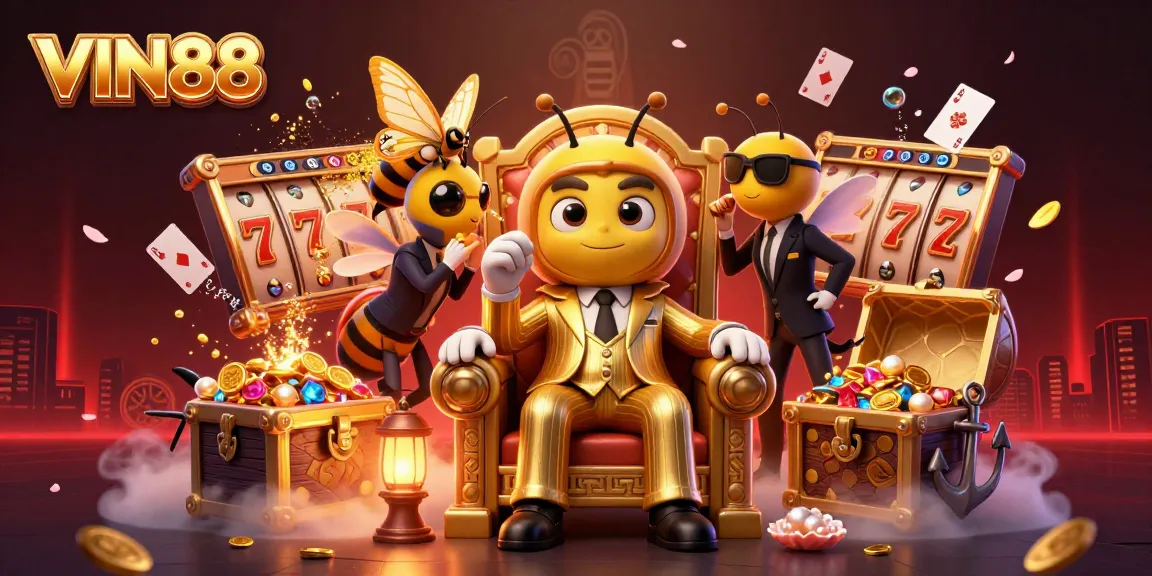 Celebrate with VIN88 in a vibrant casino scene packed with bumblebee mob bosses and classic slot games.