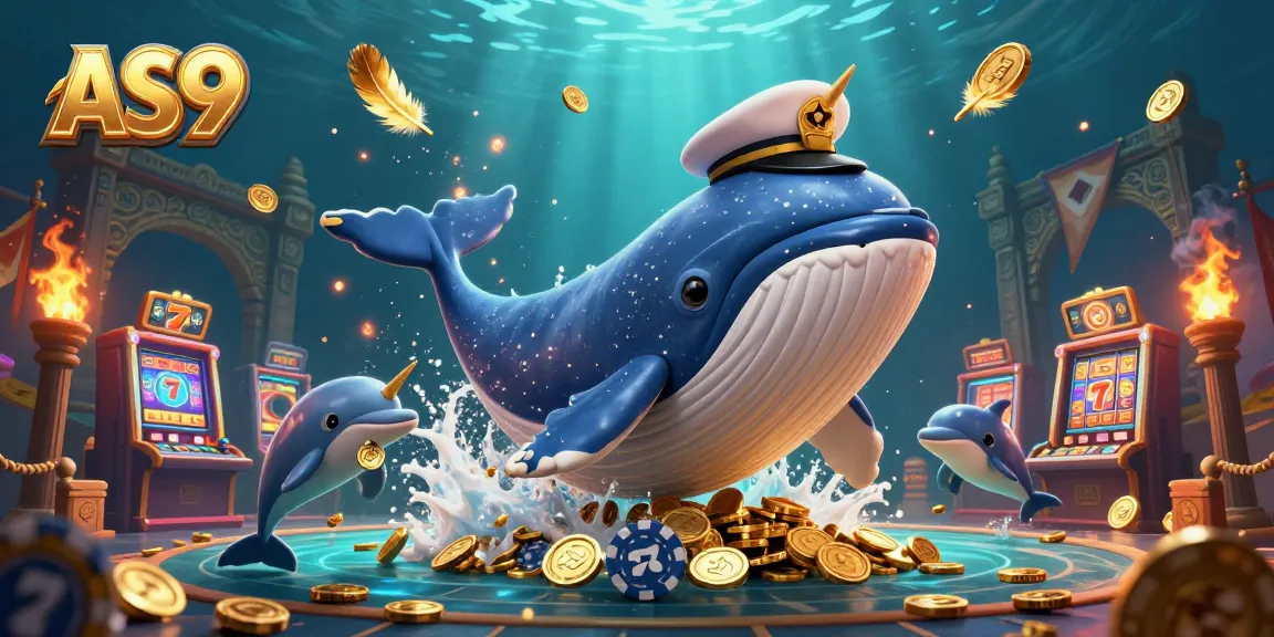 Experience the thrilling AS9 casino scene with a vibrant whale breaching through gold coins and playful dolphins!