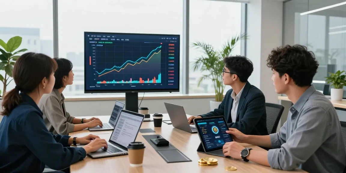 Investors discussing how to Buy BRICS coins in a modern office setting, showcasing cryptocurrency trends.
