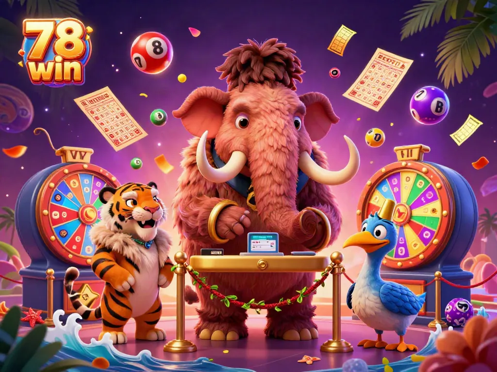 Engaging 78 win promotional scene with cartoon characters and dynamic gaming elements in a vibrant casino setting.