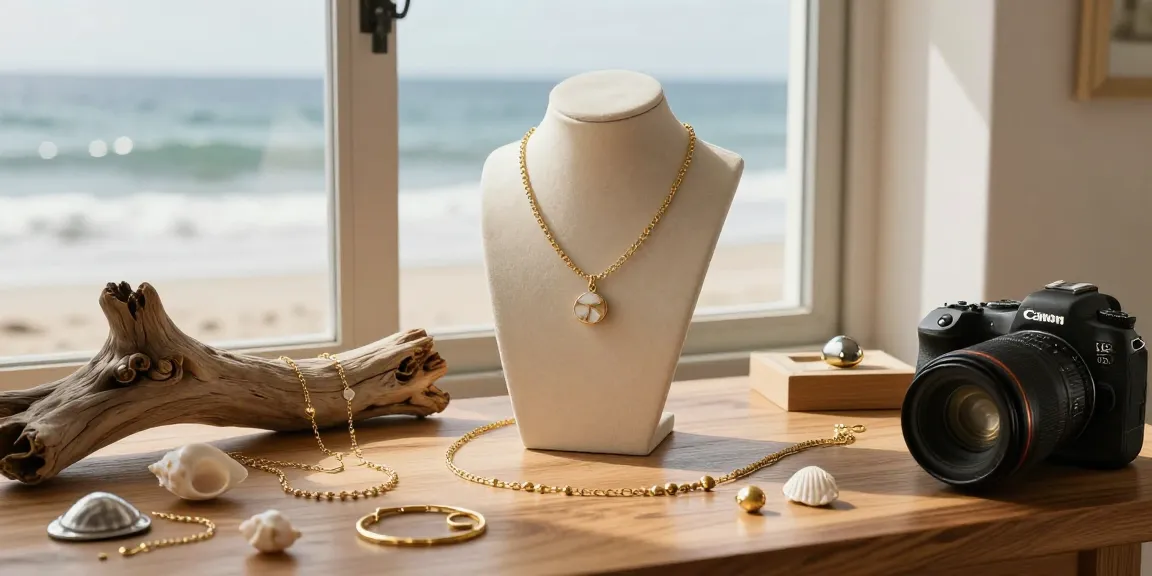 Recycled gold necklace elegantly displayed with ocean-inspired jewelry pieces in a serene coastal studio.
