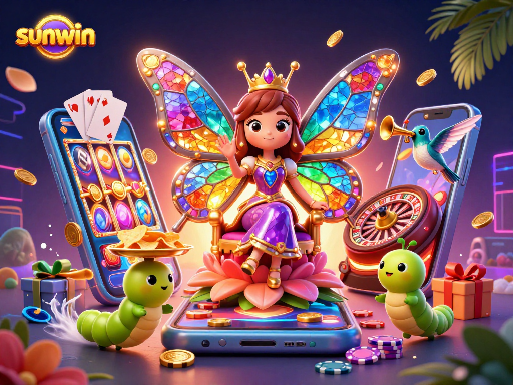 Engage with sunwin's vibrant 3D casino scene featuring a butterfly queen and dynamic gaming elements.
