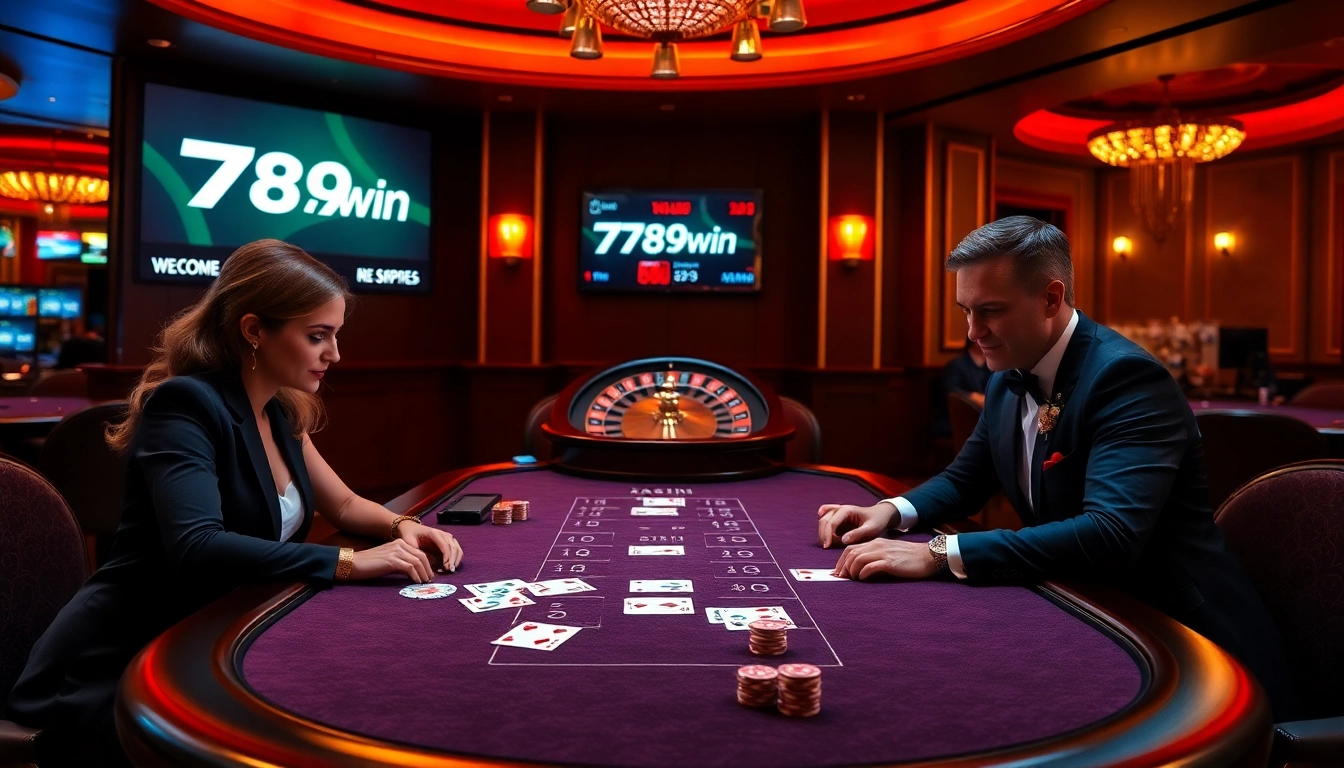 Experience high-stakes poker at 789win's luxurious casino tables with elegant players and vibrant atmosphere.
