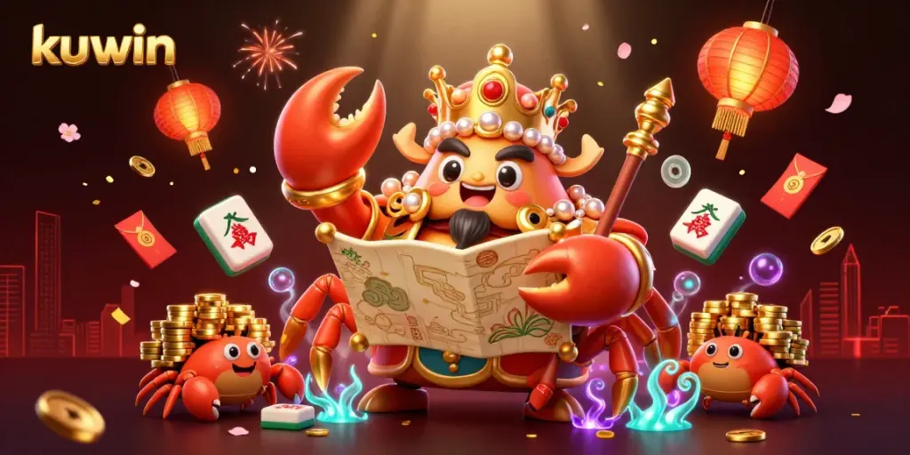 Kuwin gaming scene with a golden crab emperor and treasure elements, showcasing exciting casino atmosphere.