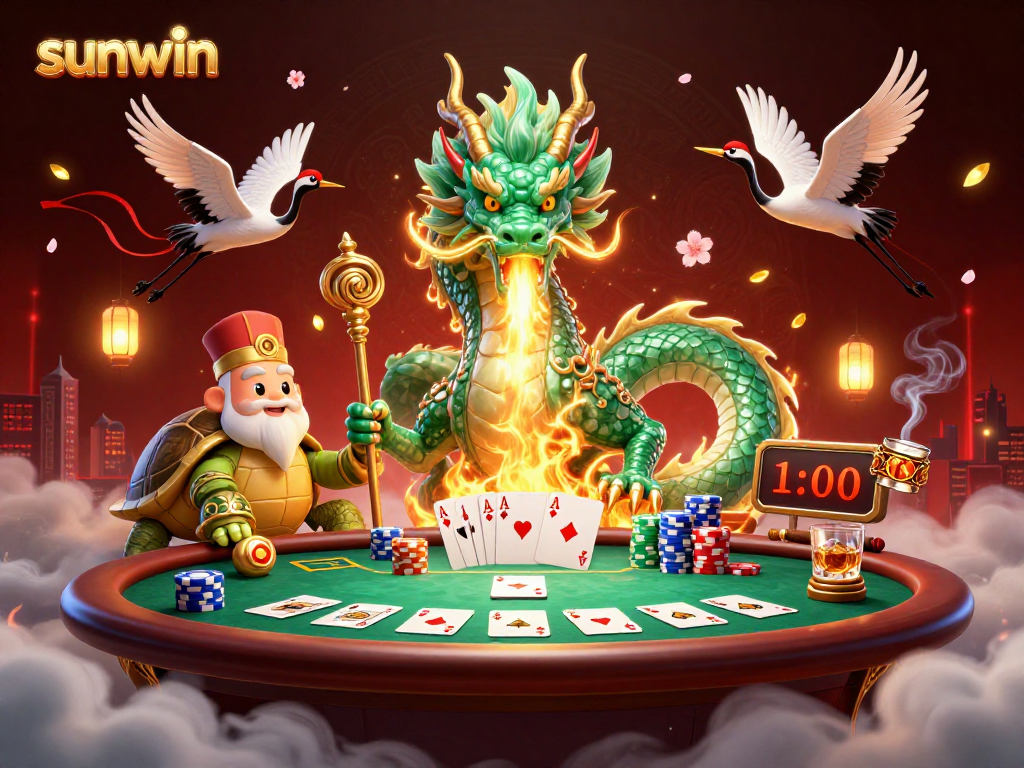 Experience sunwin excitement with a vibrant 3D illustration of a dragon and turtles amid poker elements.