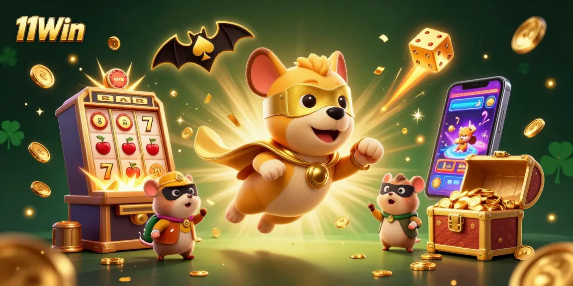 Win big with 11Win's 3D cartoon dogs flying with gold coins in a casino atmosphere.
