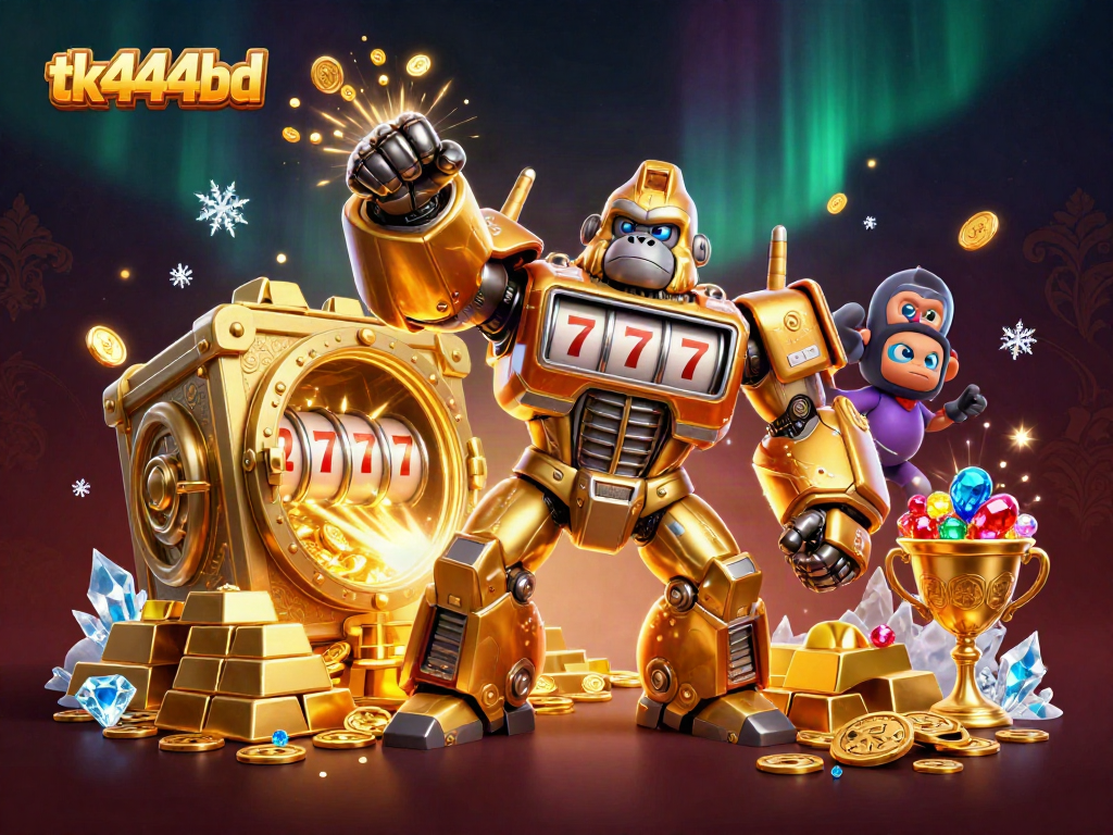 Experience thrilling gameplay with tk444bd's golden gorilla mech and dazzling treasures