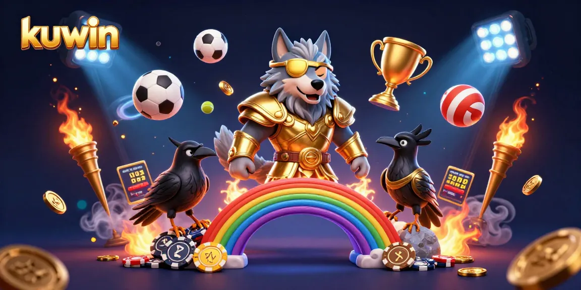 Kuwin casino vibrant illustration featuring dynamic action with Odin-inspired characters and sports elements