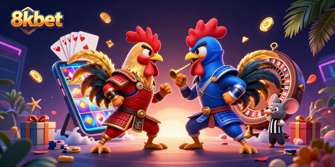 Experience exciting gambling action with 8xbet in this dynamic 3D illustration of rooster fighters.