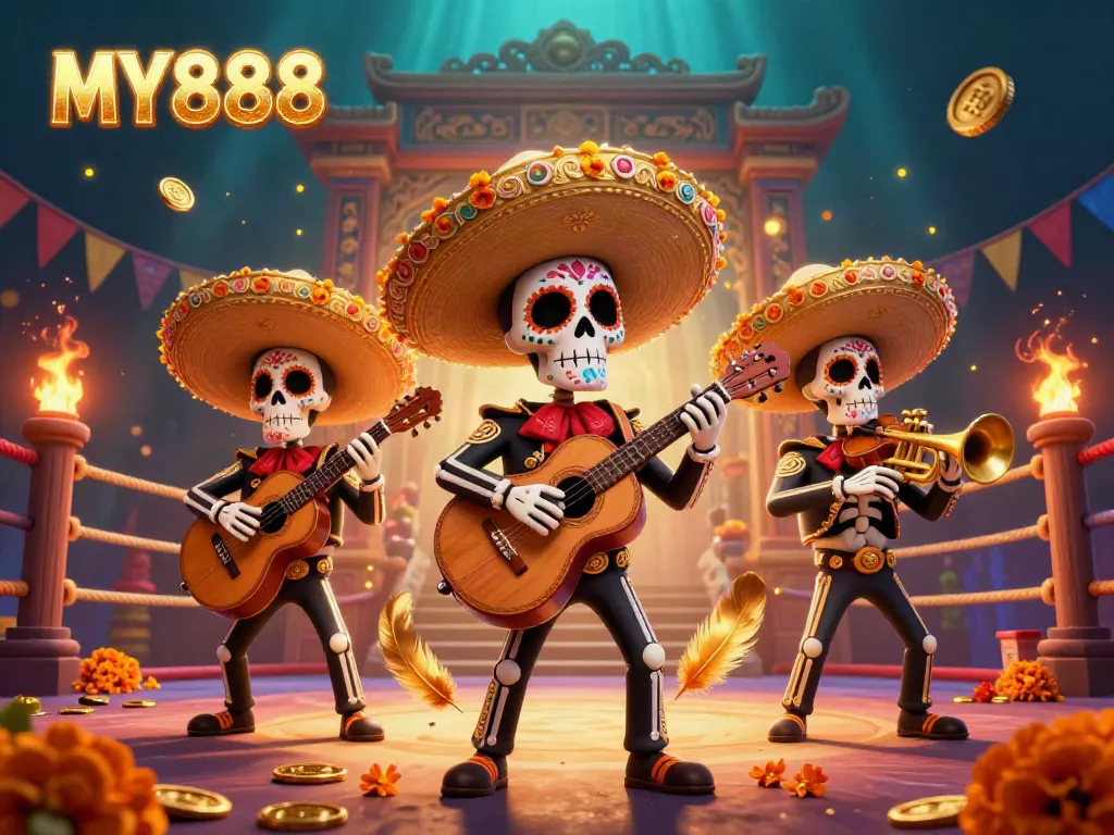Engage in thrilling gameplay with MY888 as the skeleton mariachi band plays amidst a vibrant casino atmosphere.