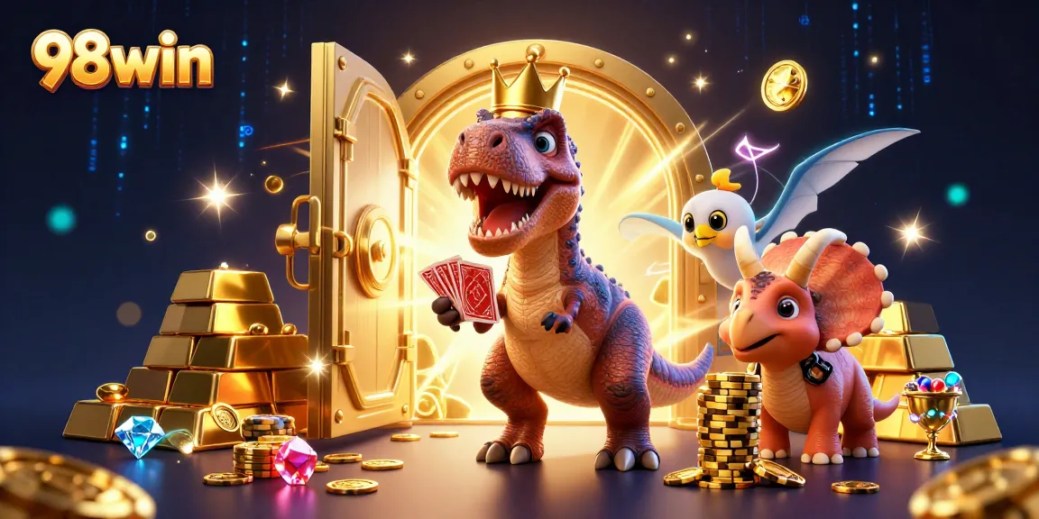 Engage in thrilling casino action with 98win, featuring a T-Rex shuffling cards amidst treasures.