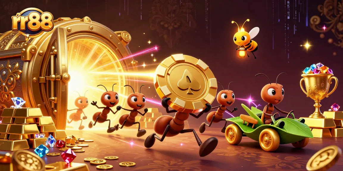 Experience thrilling gameplay at rr88 with a dynamic illustration of ants executing a heist in a treasure-filled tunnel.