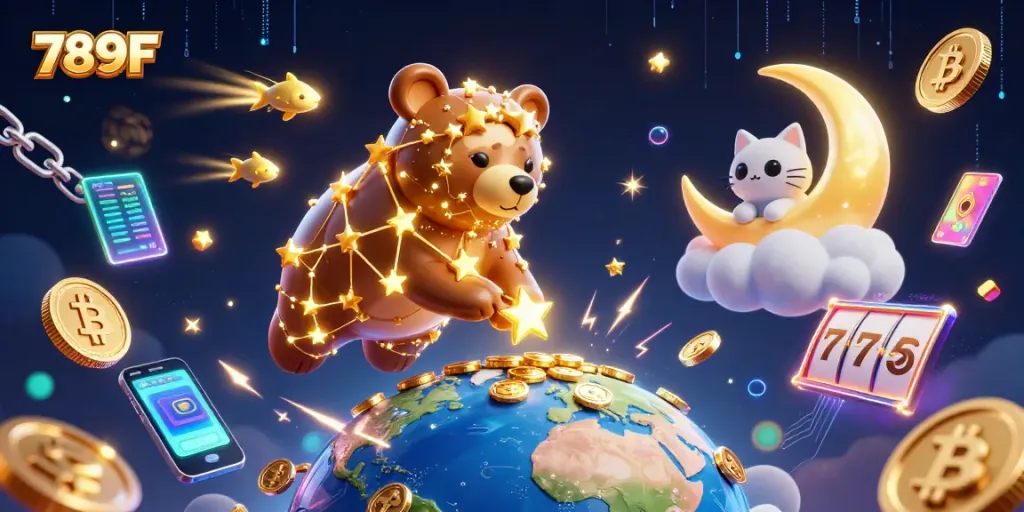 Engage with thrilling slot games at 789F amid a constellation scene with shimmering treasures.