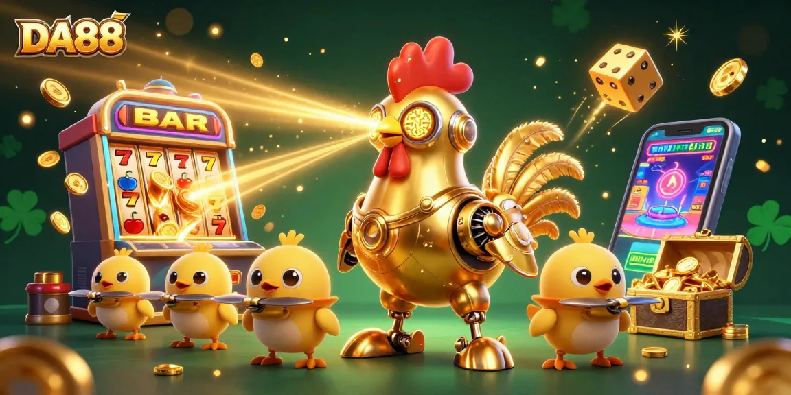 DA88 delivers thrilling gaming action with a dynamic scene featuring a golden rooster robot and vibrant casino elements.