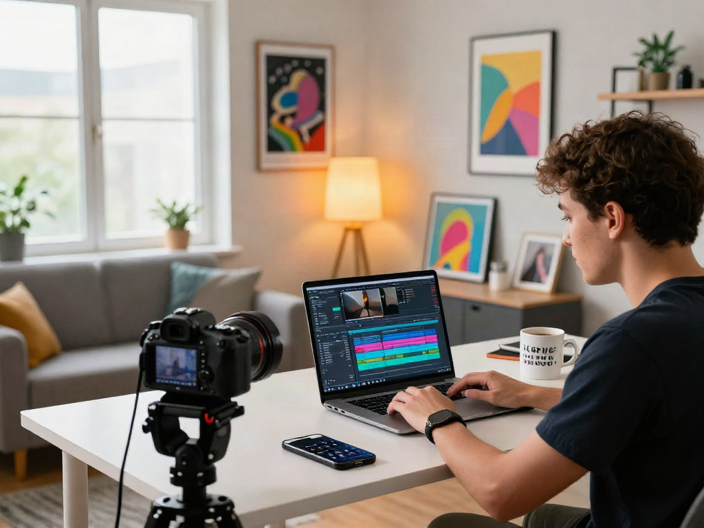Creating engaging nsfw content in a stylish home studio with professional filming setup.