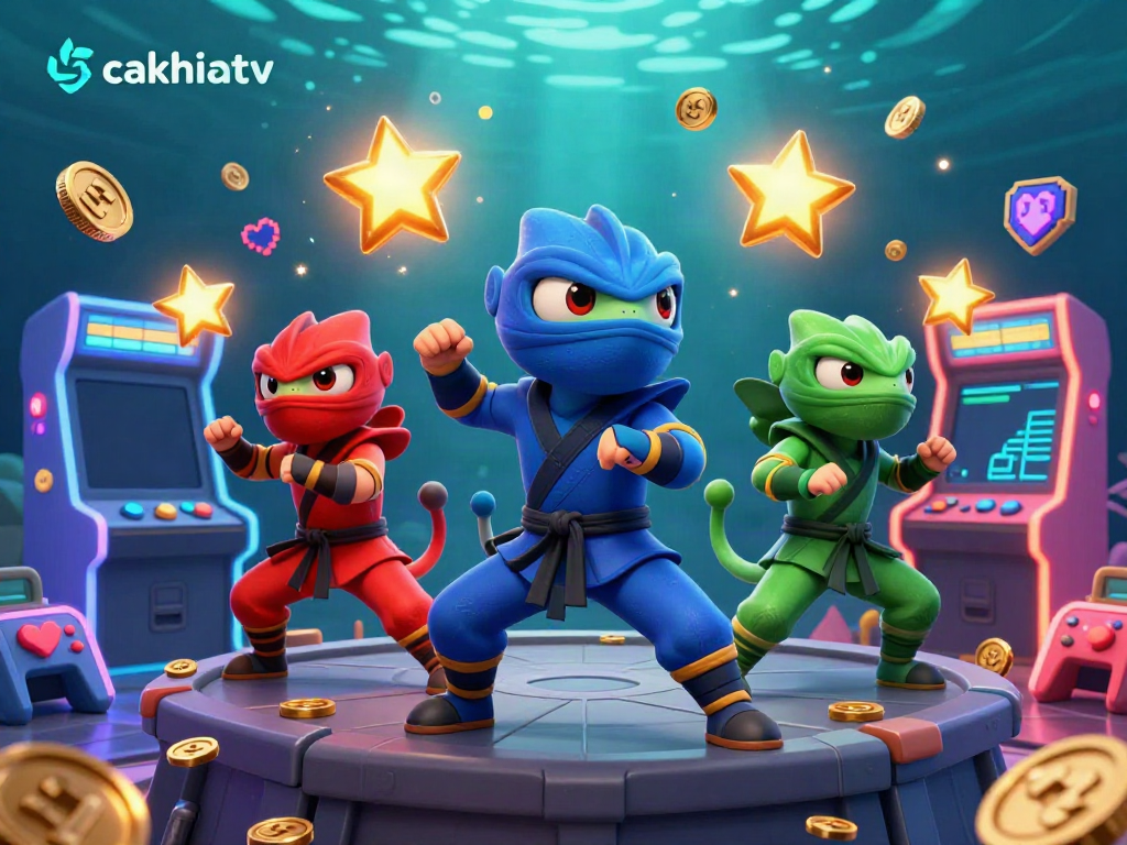 Cakhiatv ninja chameleons engage in dynamic martial arts amidst vibrant casino-themed elements.