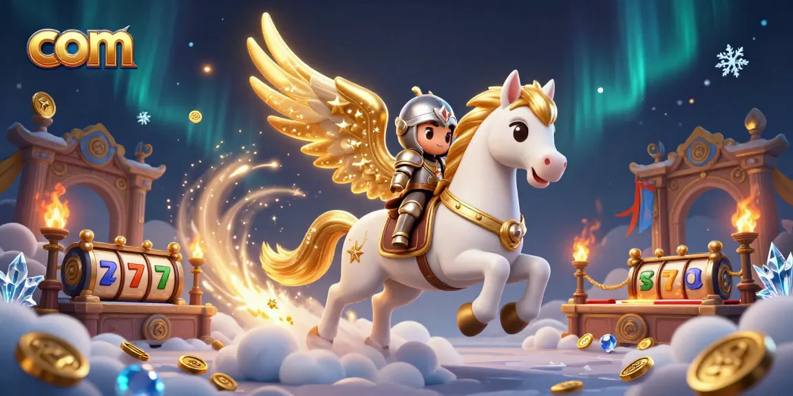 Experience thrilling wins at com with a dynamic 3D casino illustration showcasing a heroic knight and celestial horse.