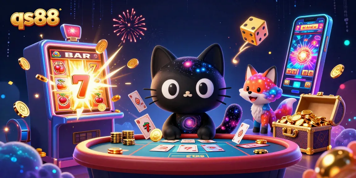 Experience the cosmic charm of qs88 with a black hole cat drawing in fortune at a vibrant casino table.