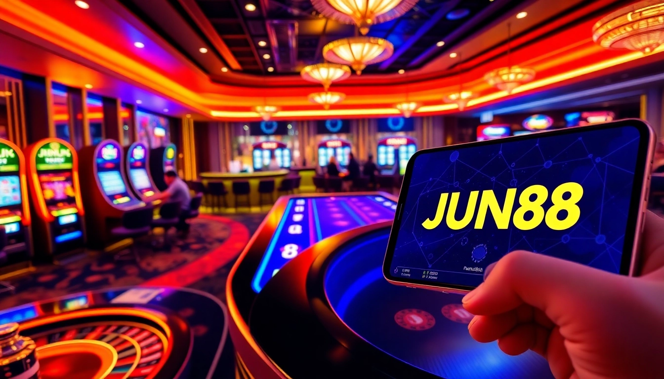 Players enjoying the vibrant casino atmosphere at JUN88 with engaging poker and slot games.
